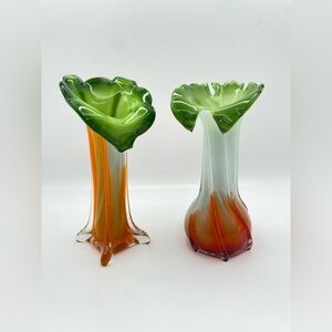 Vintage Murano Blown Glass Jack in the Pulpit Bud Vases, Pair, 7.5”X3.5”